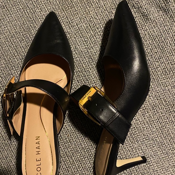 COLE HAAN Kitten Heel Mules with Gold Buckle - Picture 4 of 16